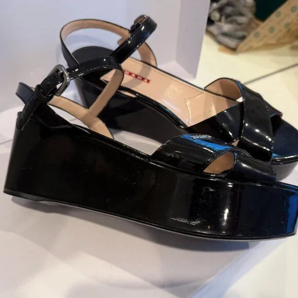 Prada Black Patent Leather Wedge Sandals - Size 10 - Picture 4 of 4